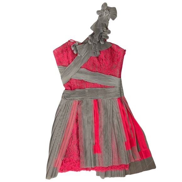 BCBGMAXAZRIA Runway Pink Lace Gray Mesh Ribbon Floral One Shoulder Dress Size 0 - Picture 12 of 12